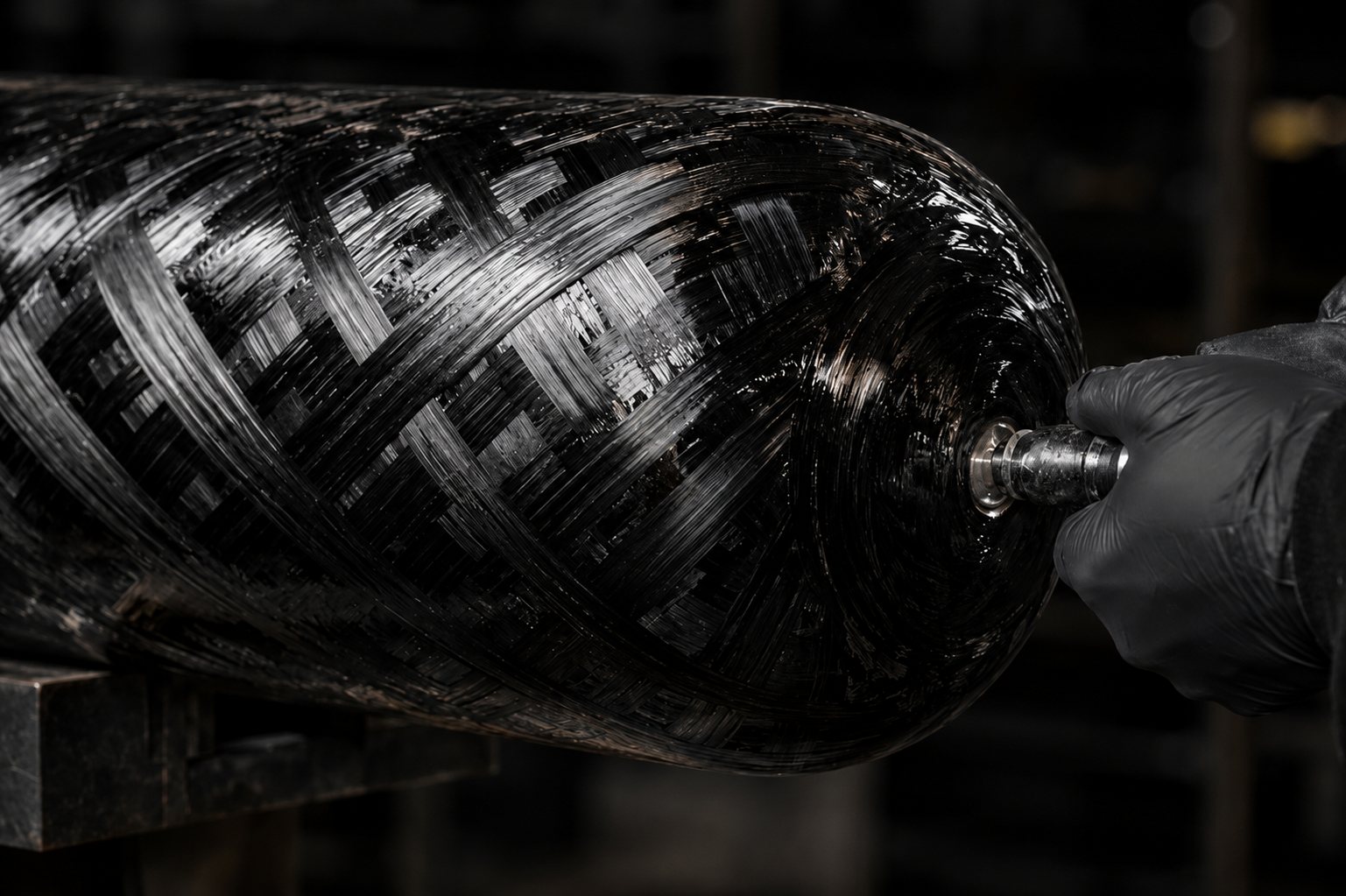 Carbon-fibre overwrapped MEYER COPV — filament winding, gloved hand at the boss